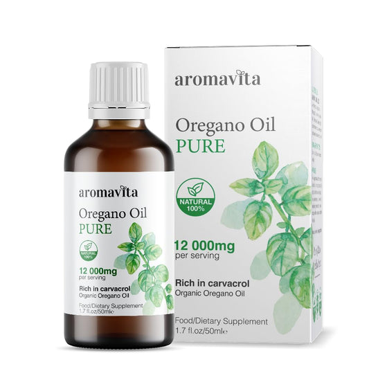 AROMAVITA oregano oil bottle showcasing pure Greek extract for daily wellness.
