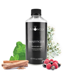 Aromely Majestique bottle closeup showing a premium blend for a calming evening.