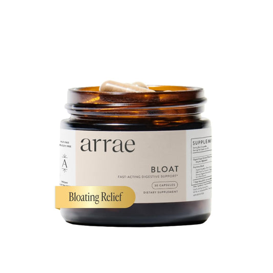 Arrae Bloat capsules bottle close-up for fast relief after meals.