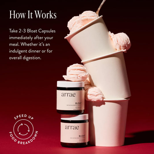 Arrae Bloat capsules closeup for quick after-meal relief