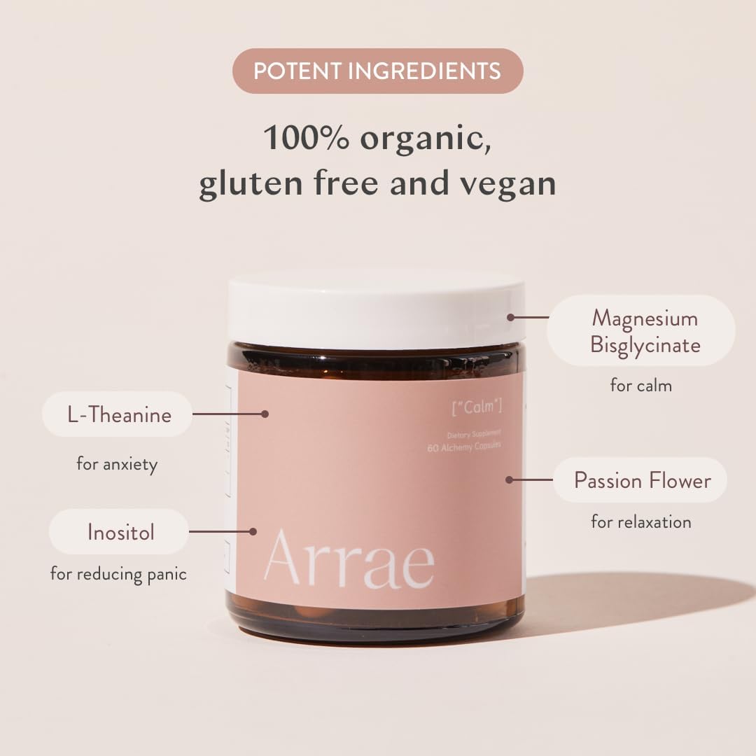 Arrae Calm capsules poured from the bottle showing fast-acting mood support