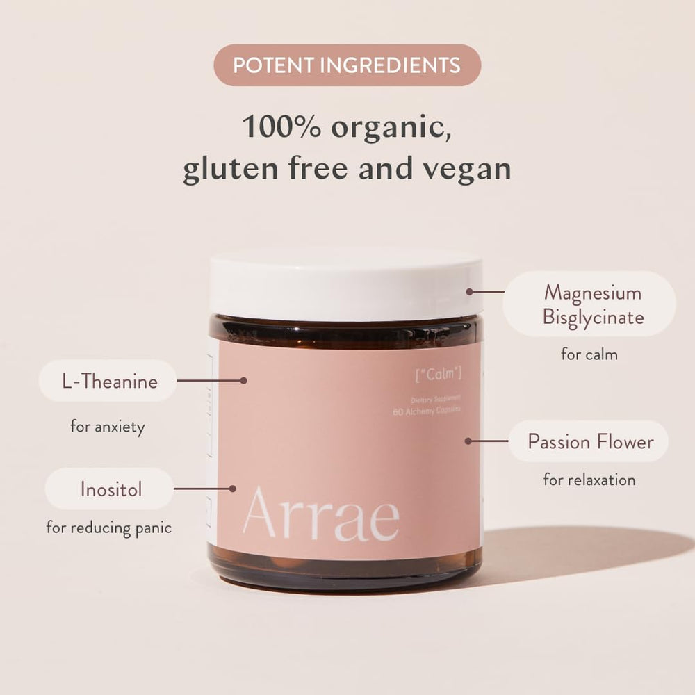 Arrae Calm capsules poured from the bottle showing fast-acting mood support