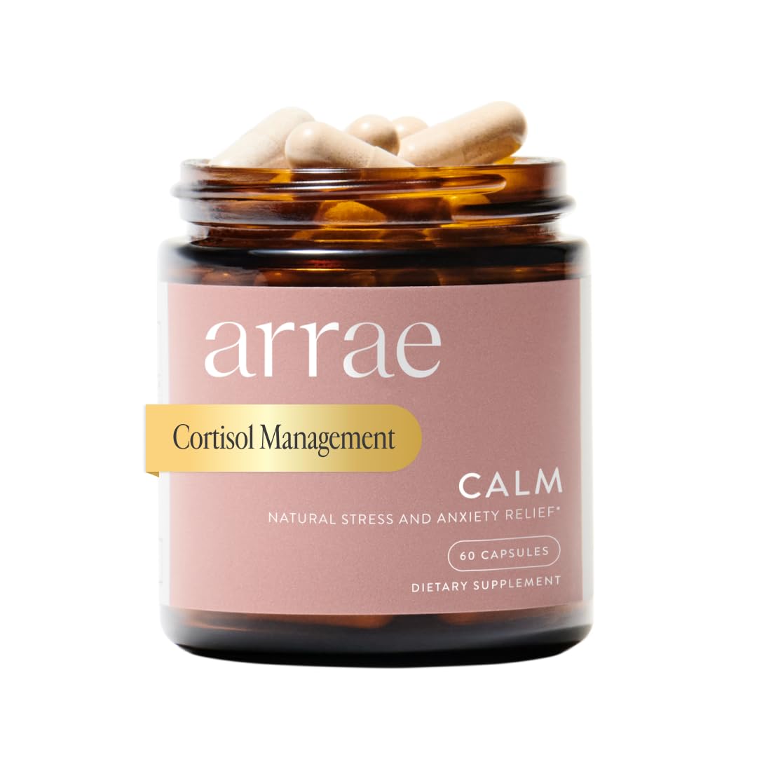 Arrae Calm Cortisol Manager bottle front view for stress relief on a shelf