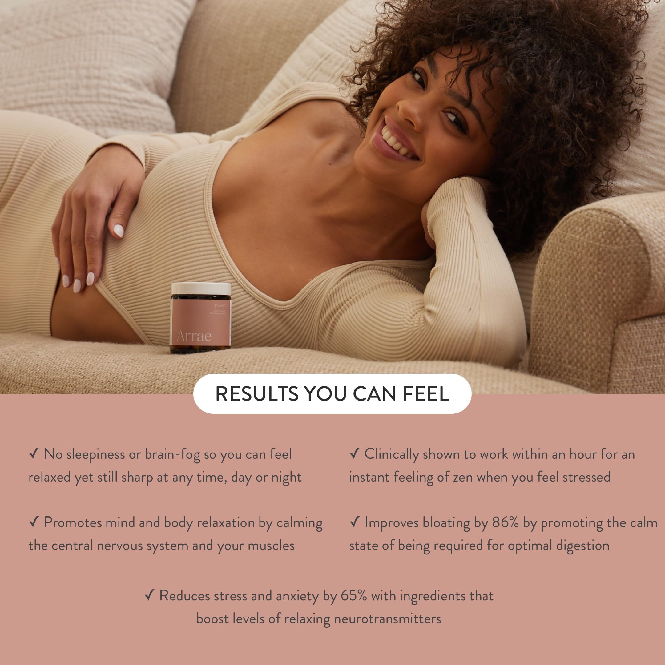 Arrae Calm ingredients icons highlight L-Theanine, Inositol, Magnesium for calm focus