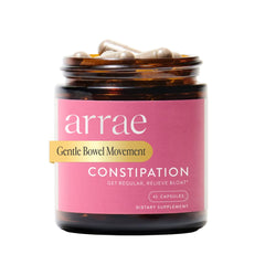 Arrae Constipation Relief bottle shows gentle overnight support for regularity.