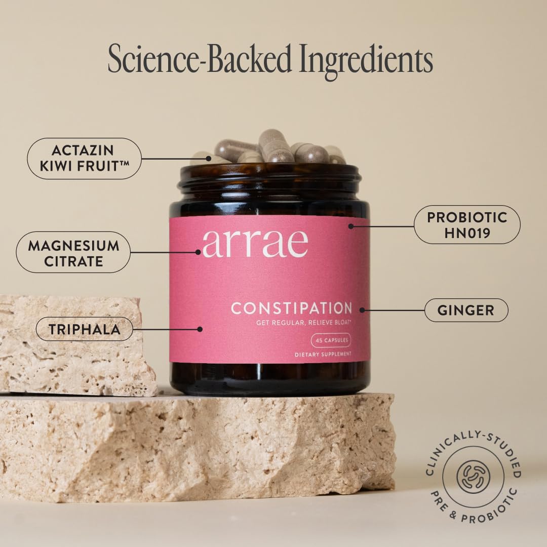 Arrae Constipation Relief label highlights a clinically studied formula.
