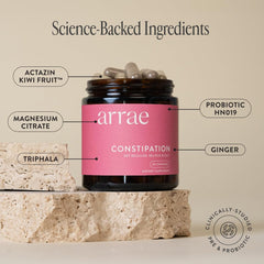 Arrae Constipation Relief label highlights a clinically studied formula.