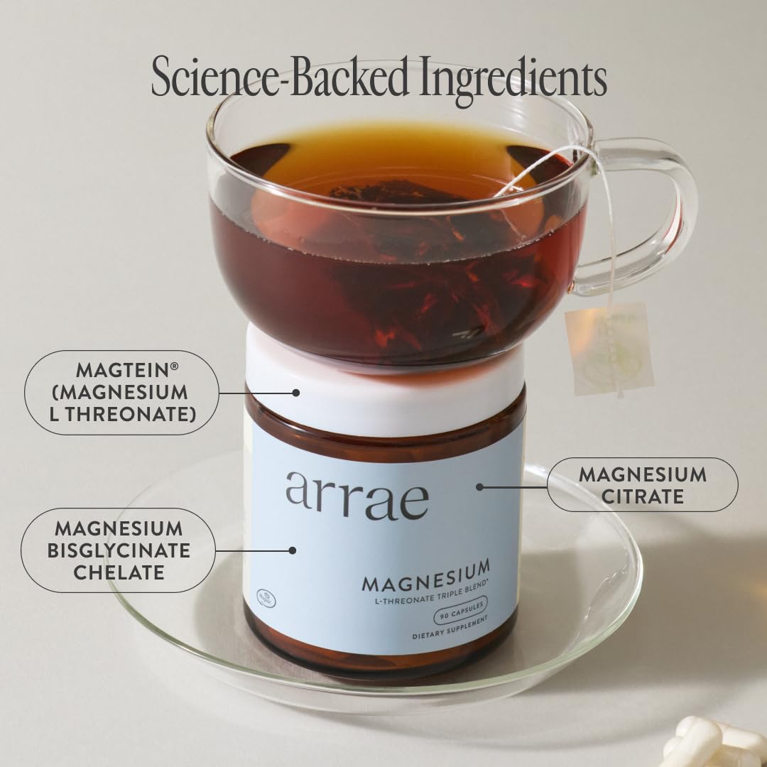 Arrae label on bottle emphasizes magnesium blend for calmness and recovery.