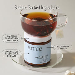 Arrae label on bottle emphasizes magnesium blend for calmness and recovery.
