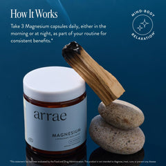Arrae magnesium capsules close-up highlighting easy-to-swallow form for daily use.