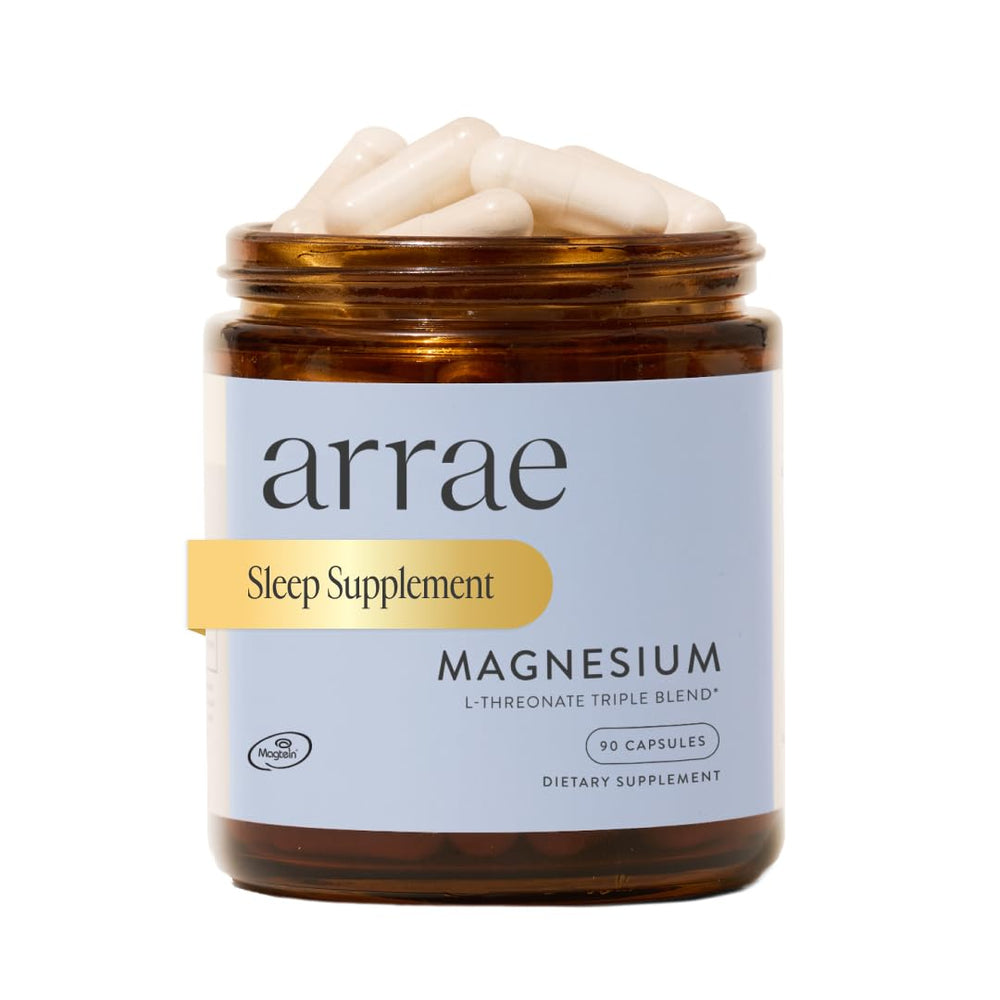 Arrae Magnesium supplement bottle shown for daily mood and sleep support.