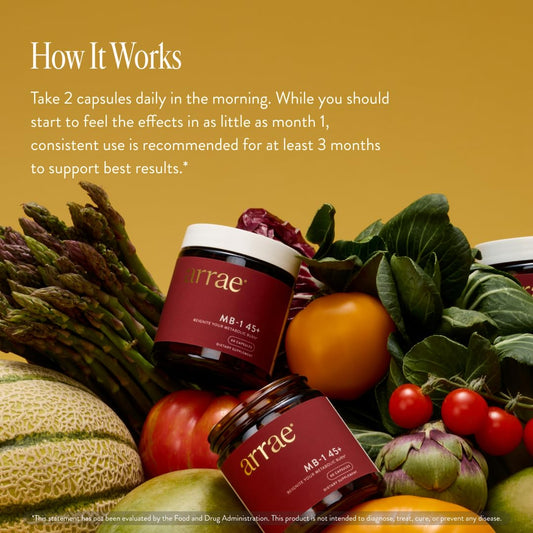 Arrae MB-1 45+ capsules close-up, daily natural support
