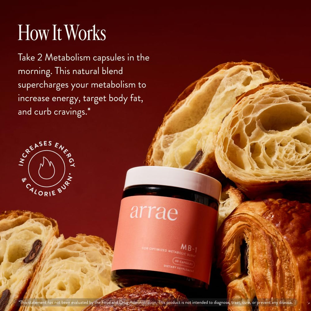 Arrae MB-1 capsules close-up highlighting convenient energy and metabolism aid.