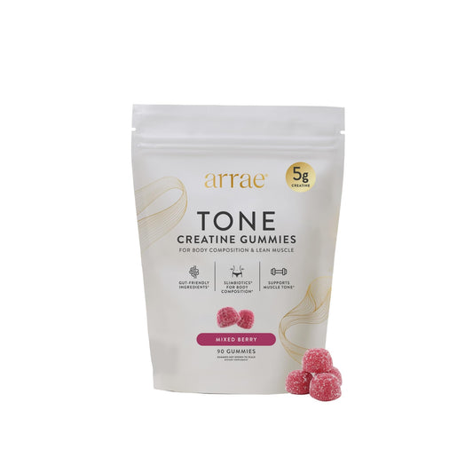 Arrae Tone bottle close-up showing premium creatine support for workouts.