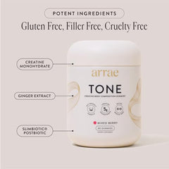 Arrae Tone Gummies berry flavor jar with scoop for easy daily dosing.