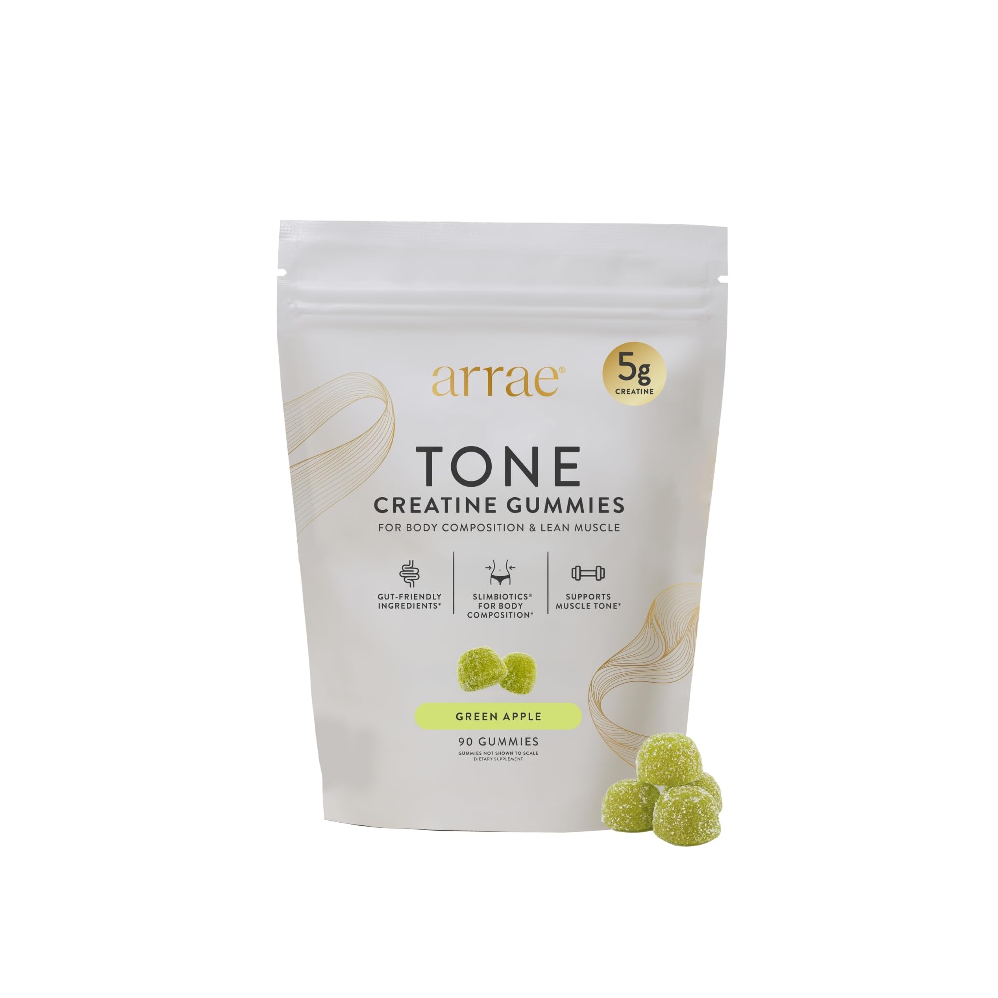 Arrae Tone Gummies bottle front with sour green apple flavor for daily support.