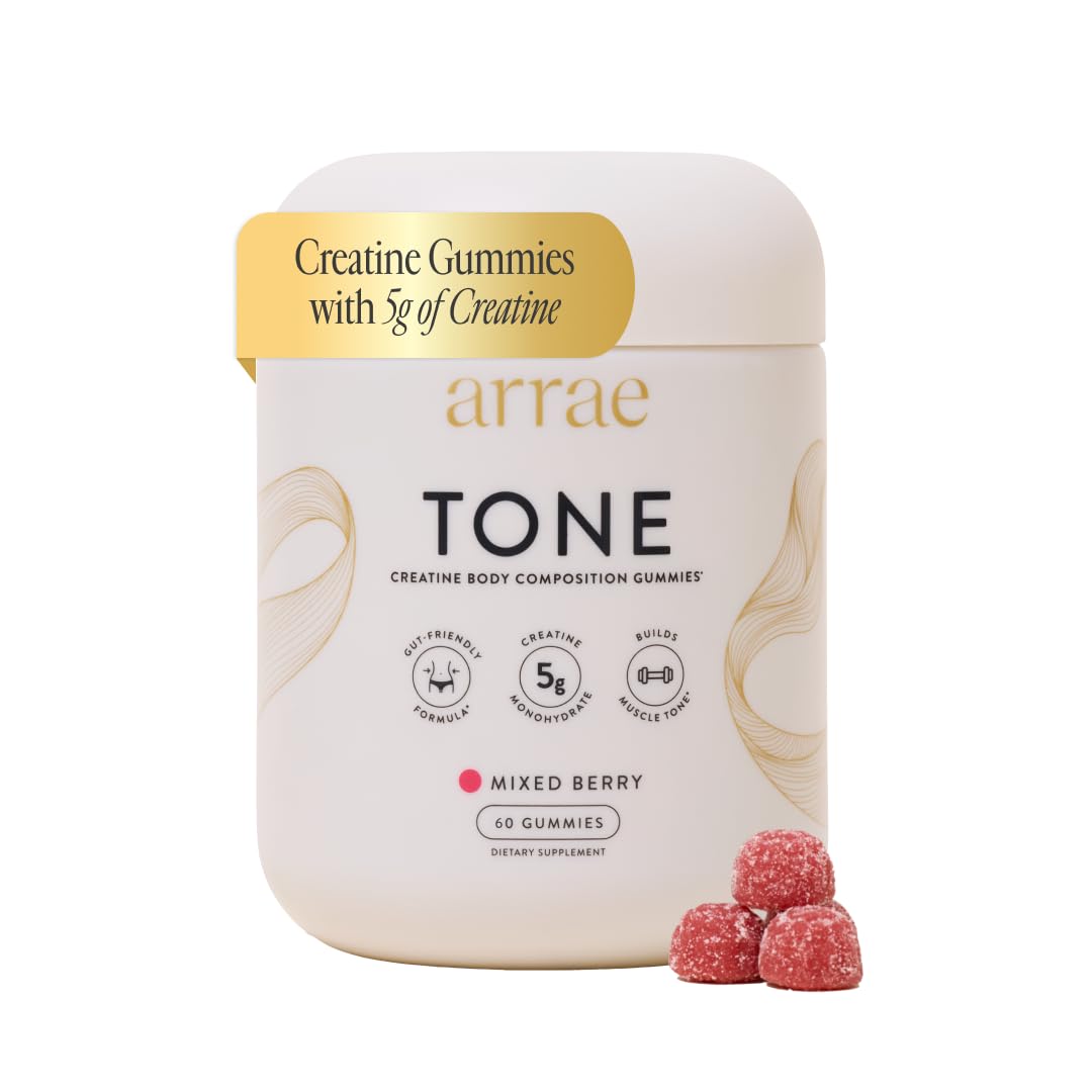 Arrae Tone Gummies bottle on a gym mat promoting lean muscle support.