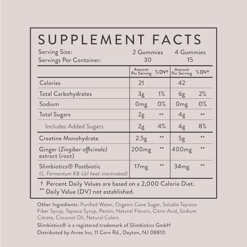 Arrae Tone Gummies bottle label shows 5g creatine monohydrate per serving.
