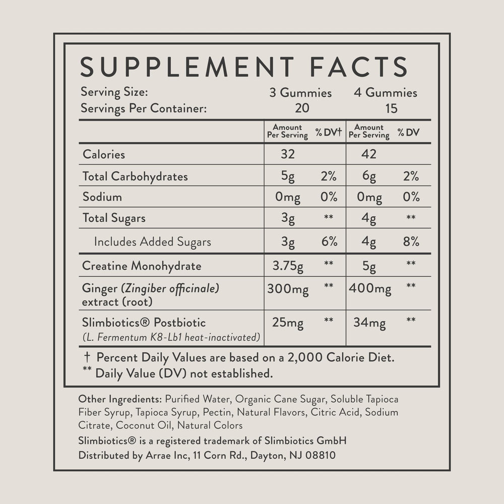 Arrae Tone Gummies label close-up highlighting creatine monohydrate ingredient.