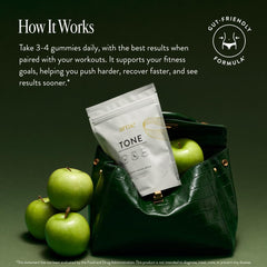 Arrae Tone Gummies woman workout with dumbbell in background.