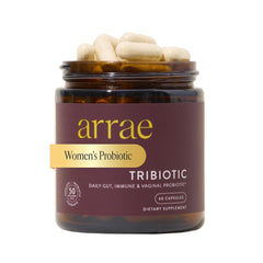 Arrae Tribiotic bottle closeup illustrating daily probiotic routine.