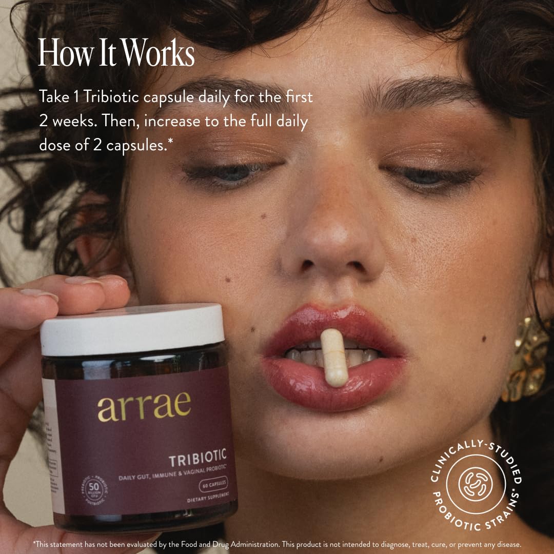Arrae Tribiotic capsules close-up showcasing convenient daily gut health support.