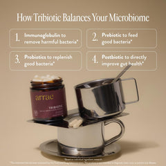 Arrae Tribiotic gut-health scene emphasizing digestion and microbiome balance.