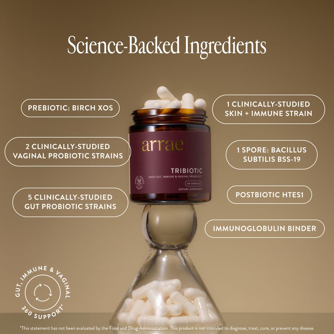 Arrae Tribiotic label details highlighting prebiotics, probiotics, postbiotics blend.