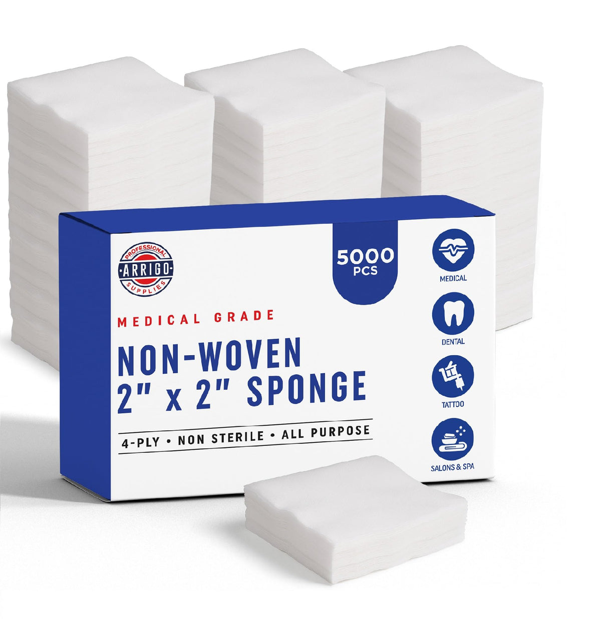 Arrigo 2x2 non-woven sponges showing compact size for small wounds and first aid tasks.