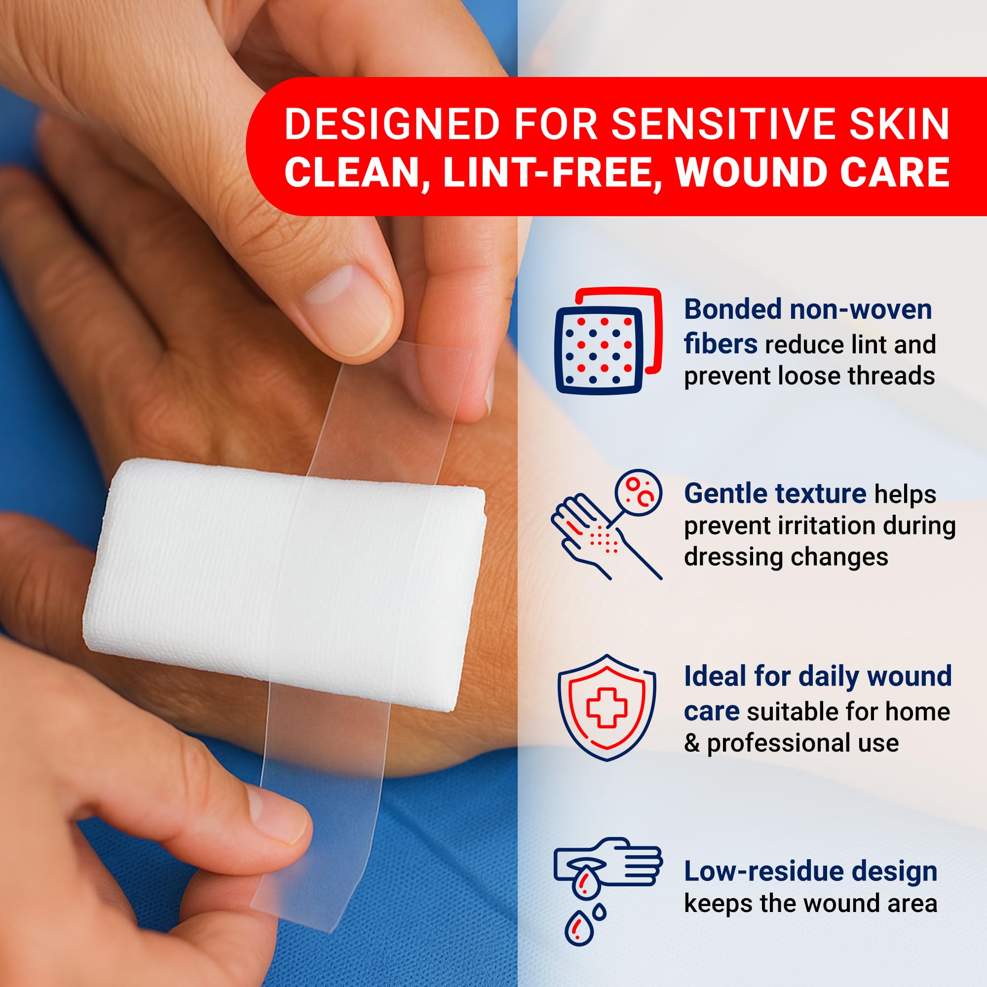Arrigo 4x4 sponges lint-free appearance demonstrates clean dressing changes.