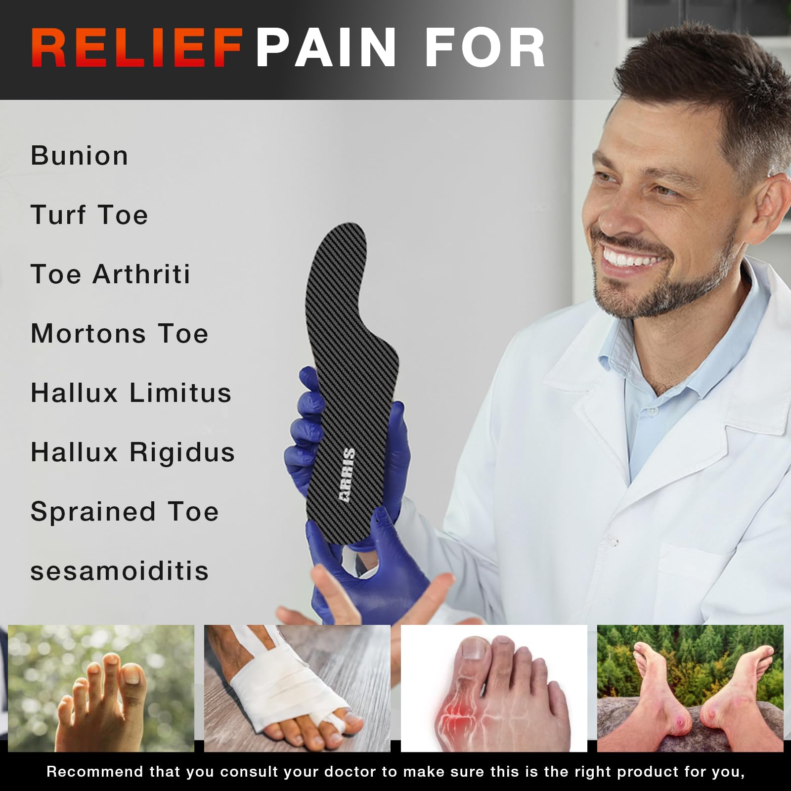 ARRIS Morton's Extension carbon fiber insole side profile demonstrates rigid support for hallux conditions.