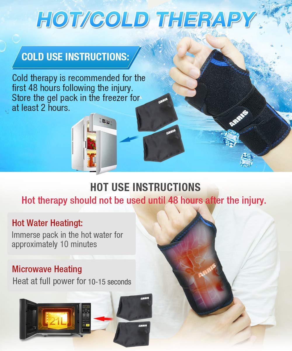 ARRIS wrist ice pack wrap with two removable gel packs for hot cold therapy