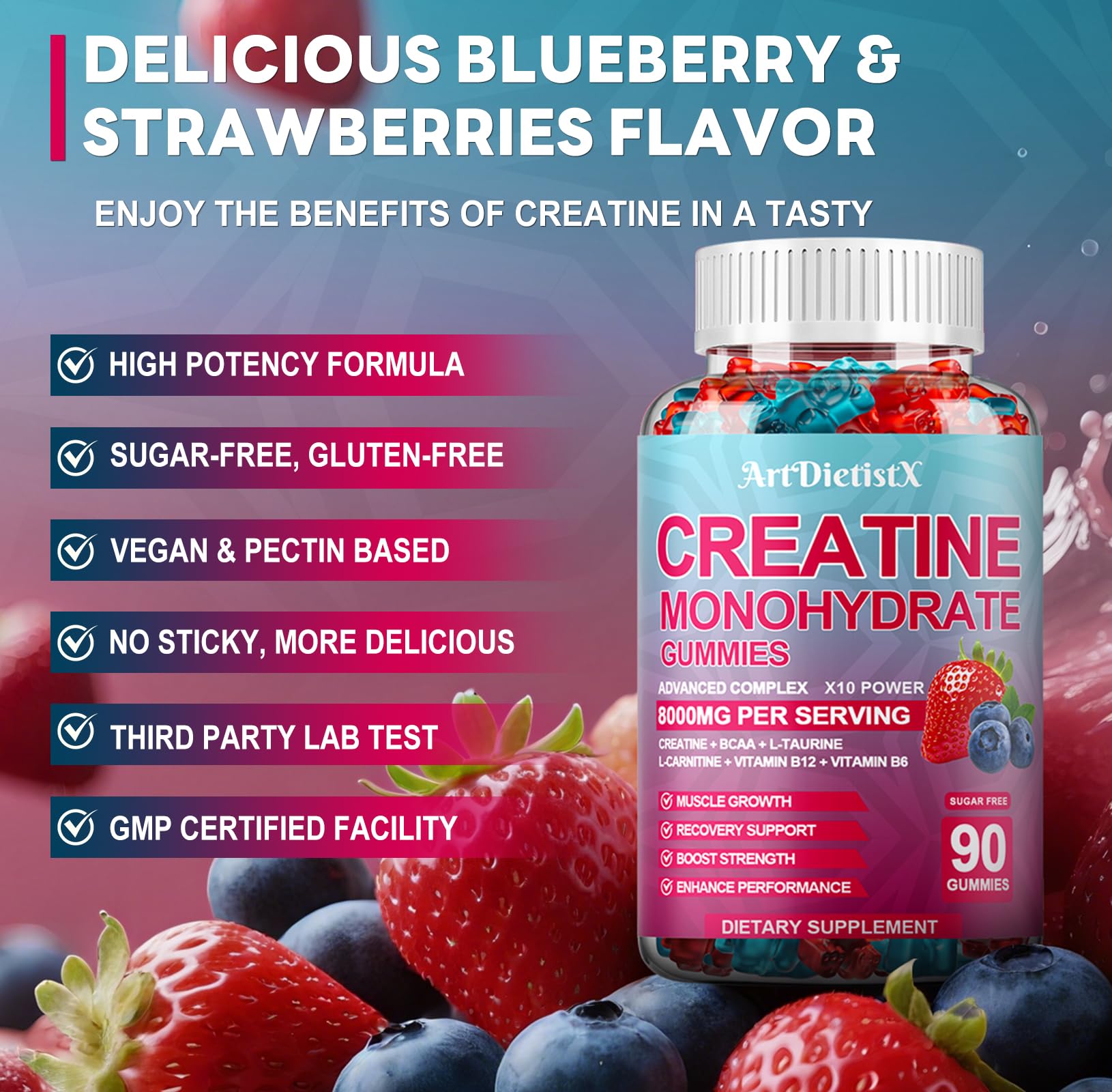 ArtDietistX bottle of creatine gummies non-GMO and gluten-free for daily training.