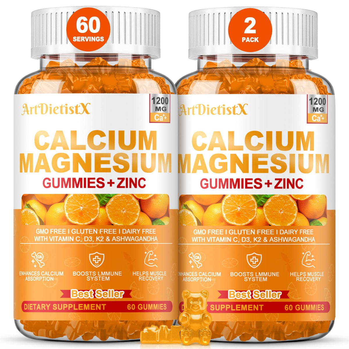 ArtDietistX calcium gummies bottle front, sugar-free daily calcium support for bones.