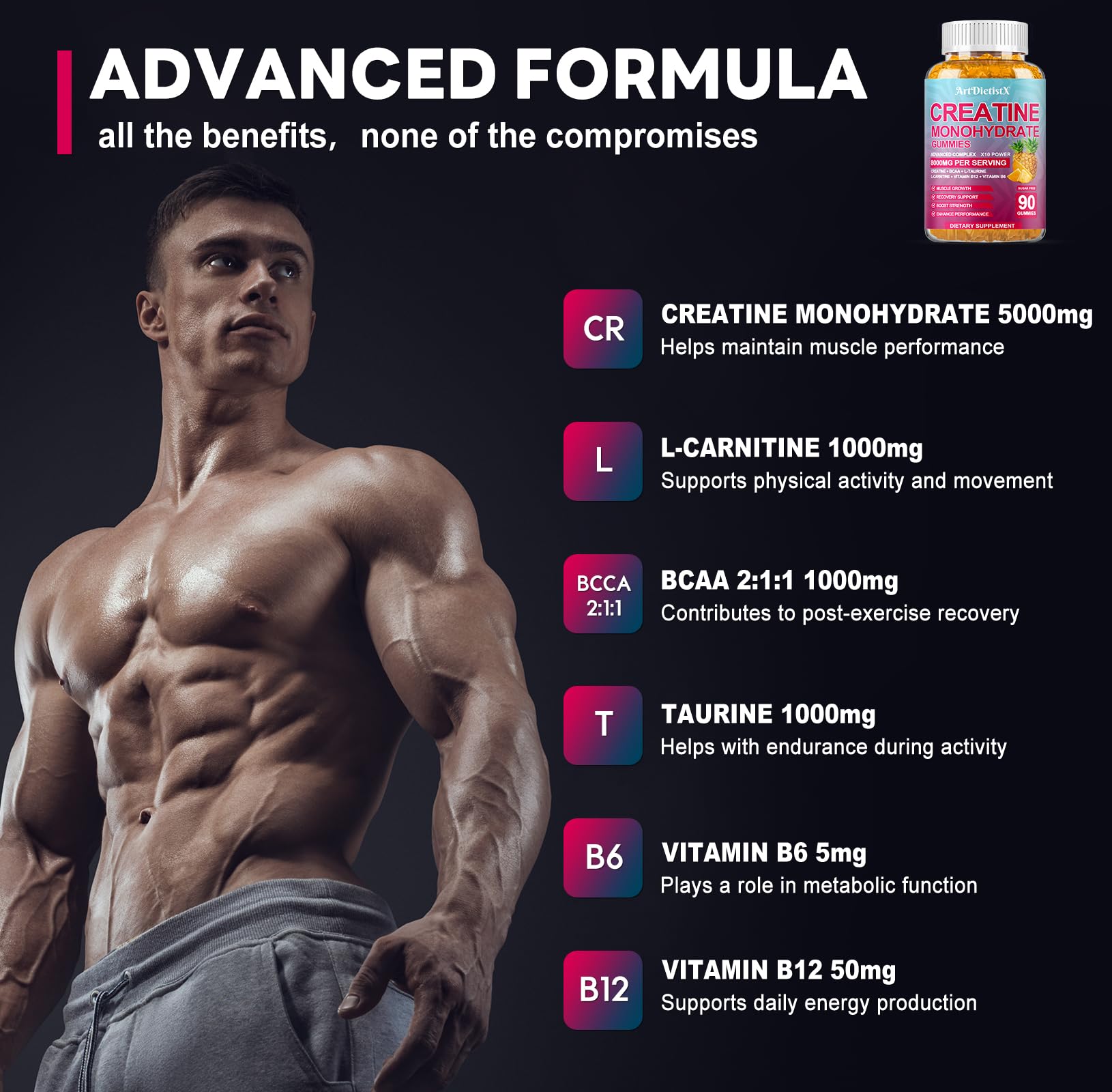 ArtDietistX Creatine Gummies close-up illustrating potential performance support.
