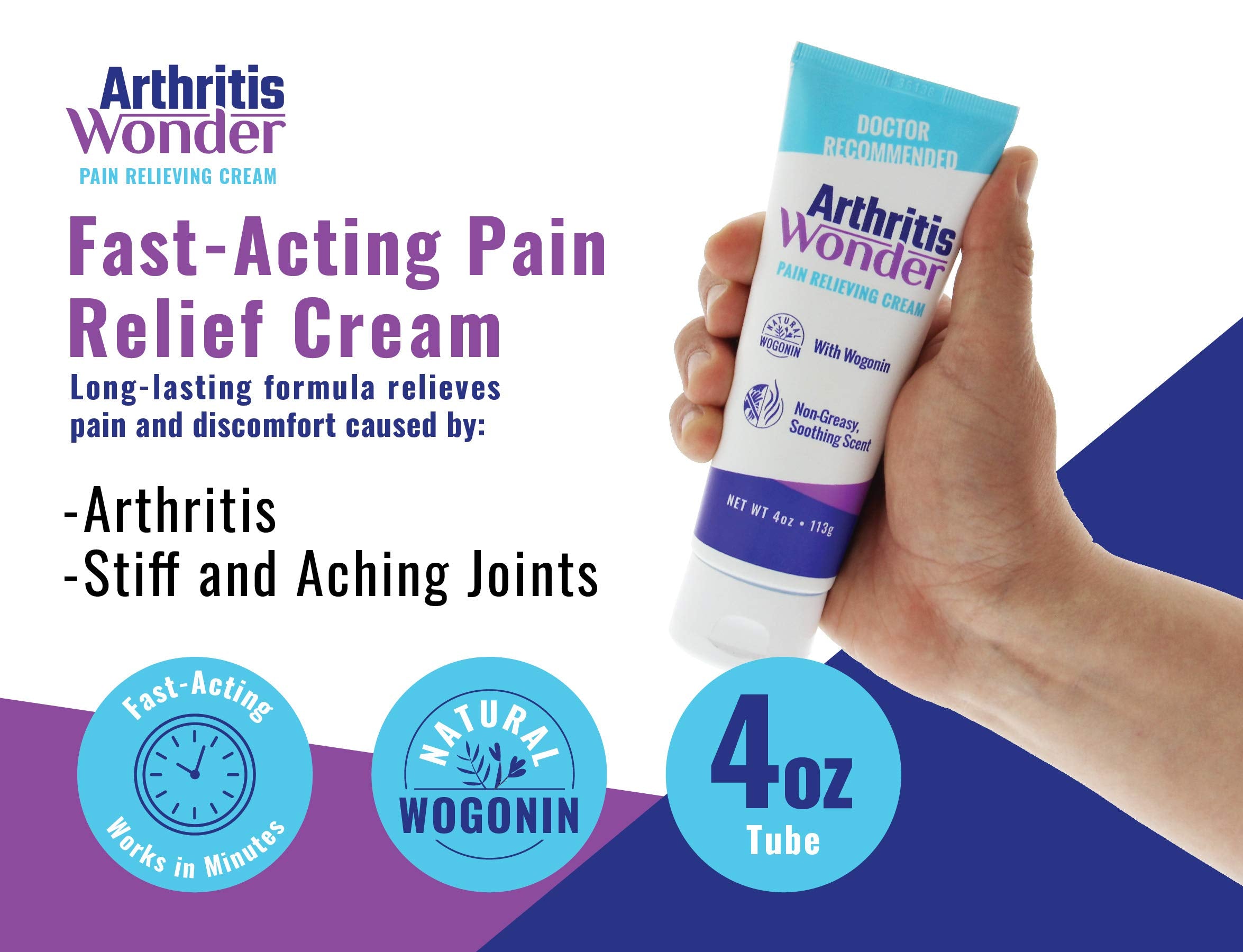 Arthritis Wonder pain cream jar close-up highlights non-greasy, fast-absorbing formula.