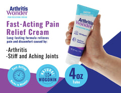 Arthritis Wonder pain cream jar close-up highlights non-greasy, fast-absorbing formula.
