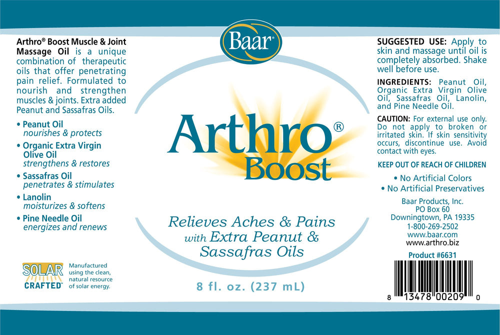 Arthro Baar Boost label closeup highlights organic olive oil for nourished skin.