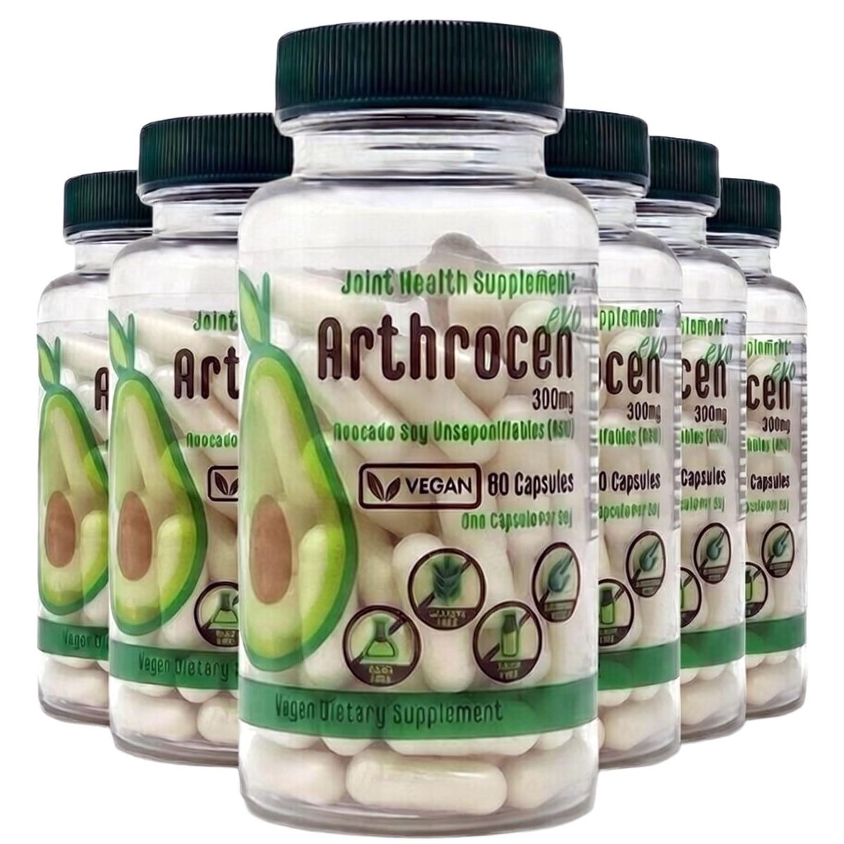 Arthrocen EVO ASU 300 mg bottle front for vegan joint support in daily mobility.