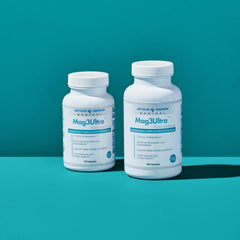 Arthur Andrew Mag3Ultra bottle with glass suggests convenient daily magnesium routine