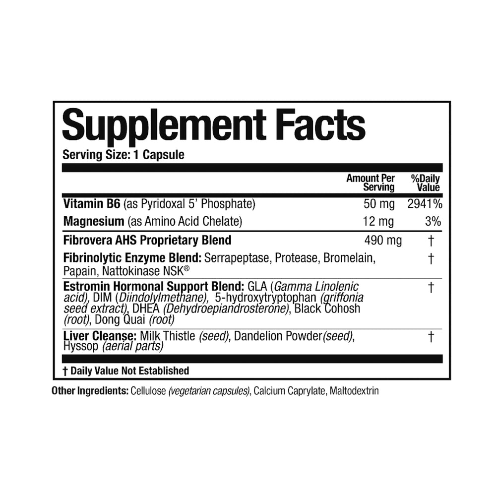 Fibrovera bottle back label highlights ingredients for balanced mood and energy