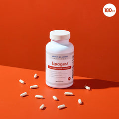 Lipagest capsules close-up showing 20,000 FIP lipase per capsule.