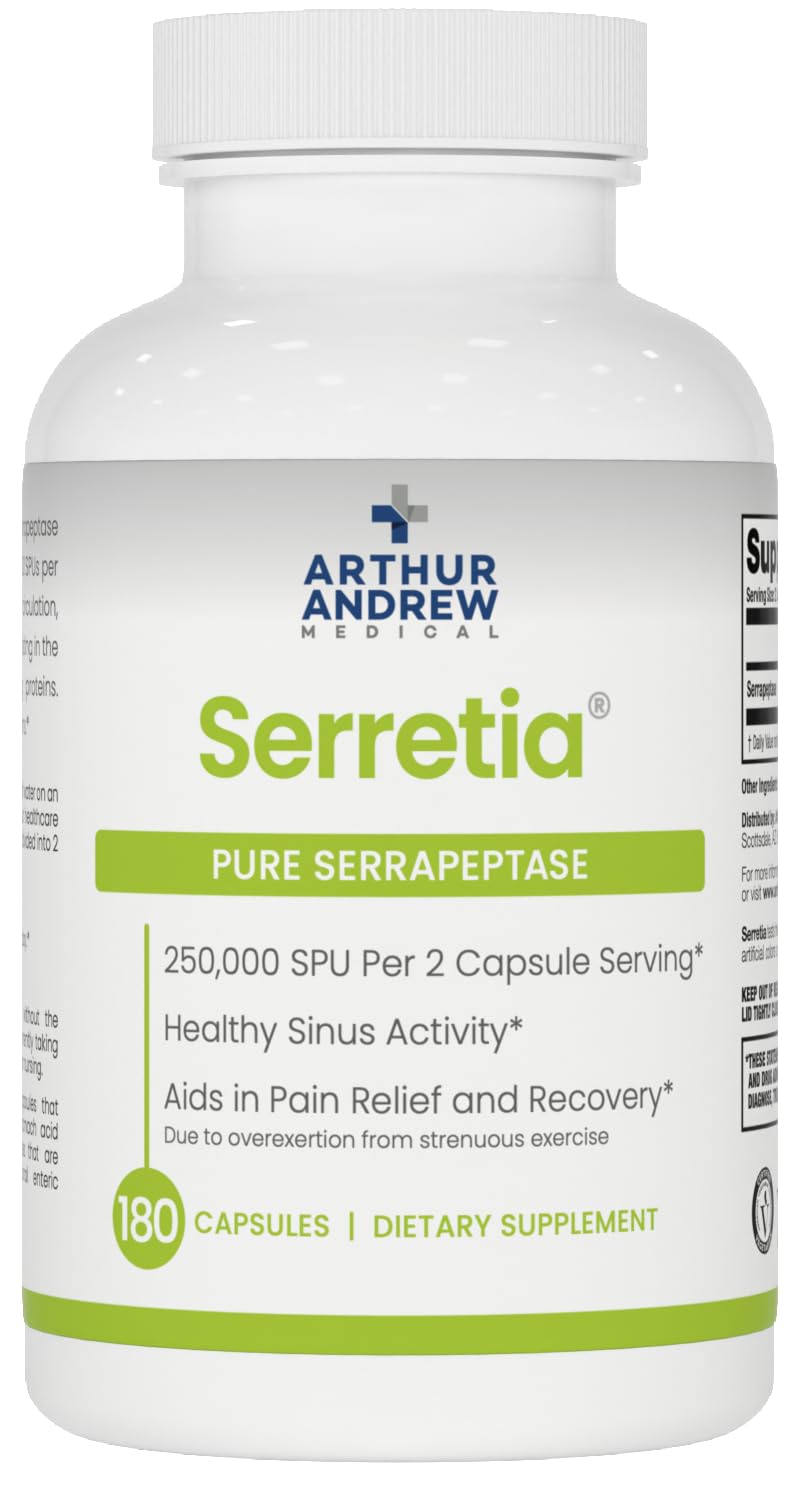 Arthur Andrew Medical Serretia bottle front showing Serrapeptase formula for recovery support.