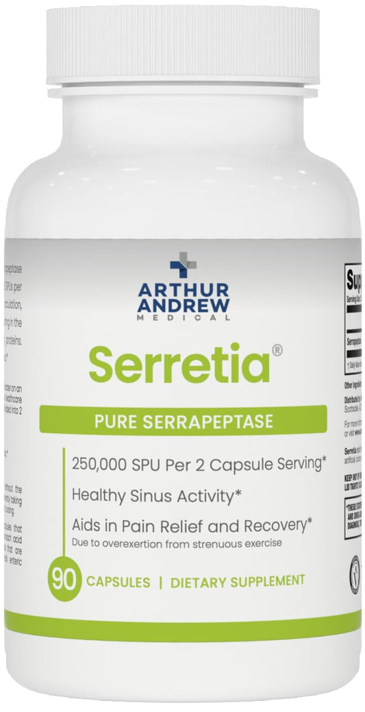 Arthur Andrew Medical Serretia bottle front for easy daily enzyme support.