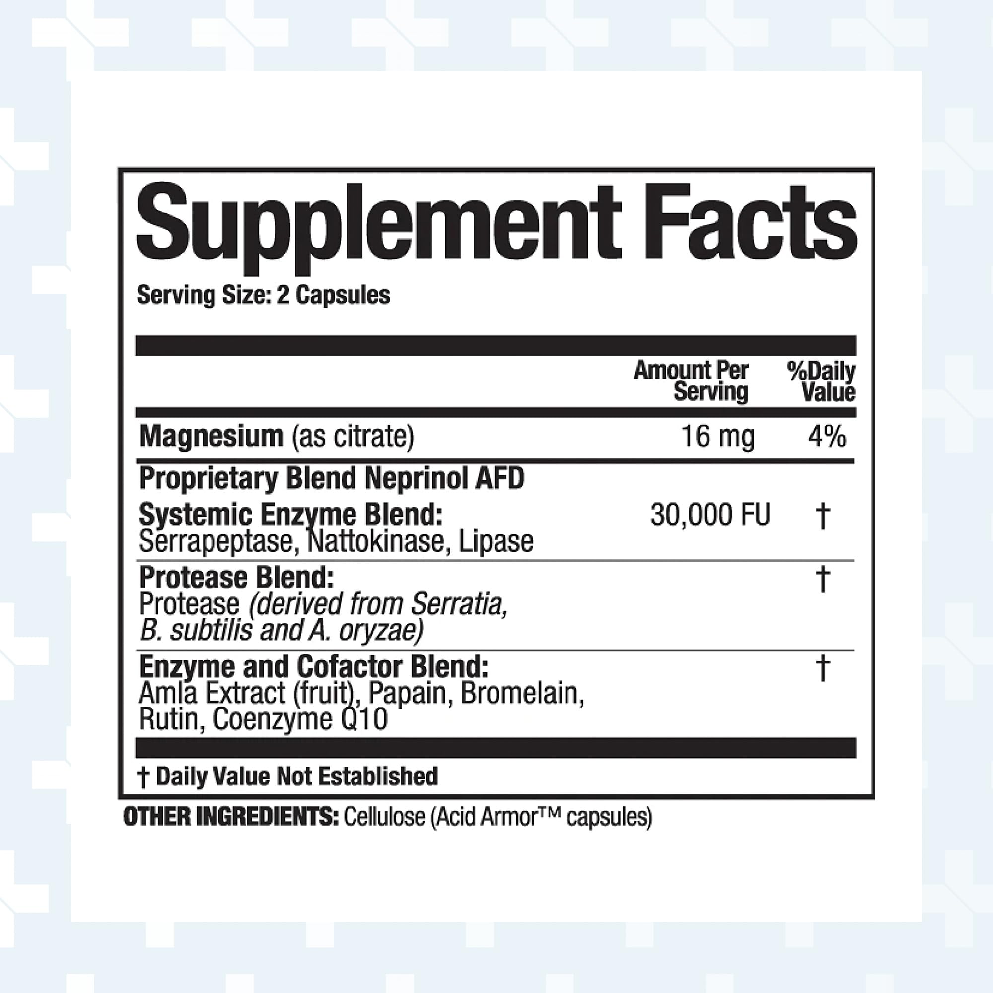 Neprinol AFD bottle back label with ingredients and certifications