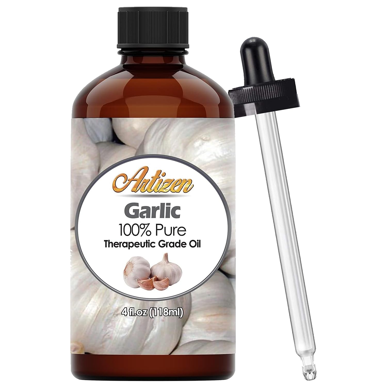 Artizen Garlic Essential Oil 4oz bottle demonstrates purity and premium packaging.