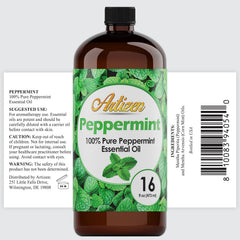Artizen Peppermint Essential Oil label close-up highlighting purity and quality.