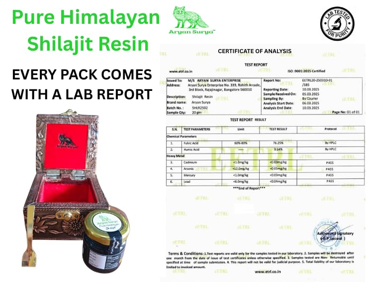 Aryan Surya Shilajit Resin third-party lab-cert label ensures transparency