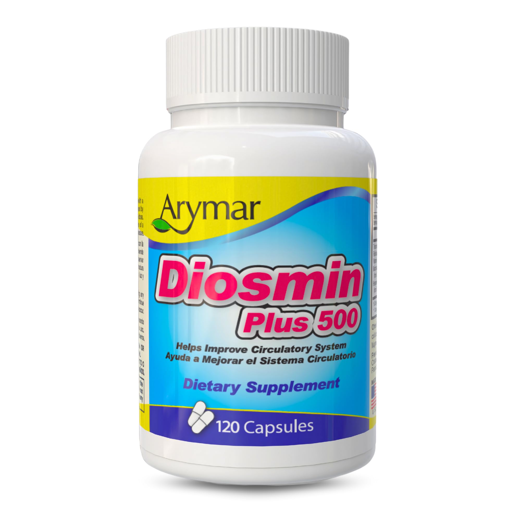 Arymar Diosmin Plus 500 bottle front view highlighting circulatory support.