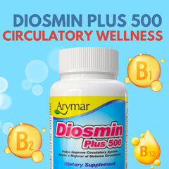 Arymar Diosmin Plus 500 tablets close-up showing uniform pills for easy daily use.
